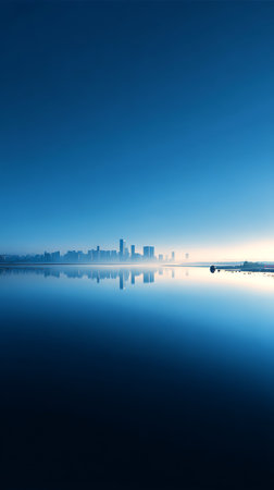 A minimalist view of a cityscape reflected in still water under a gradient blue sky evokes calmness. The horizon features buildings in silhouette against the dawn.の素材