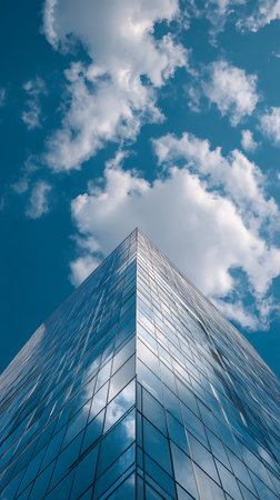Worm's eye view captures a modern glass skyscraper ascending toward a bright blue sky filled with fluffy white clouds, beautifully reflecting across the building's facade.の素材