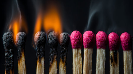 Macro studio shot of matches in a row, some burning with orange flames, smoke, transitioning to unlit pink matches on a dark background. Dramatic lighting.の素材