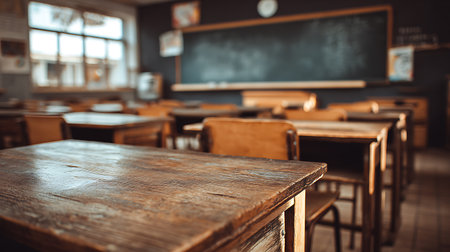Focus on a worn, wooden school desk in a vintage classroom, with rows of desks, a chalkboard, and natural light streaming in from the window. Old schoolhouse aesthetic.の素材