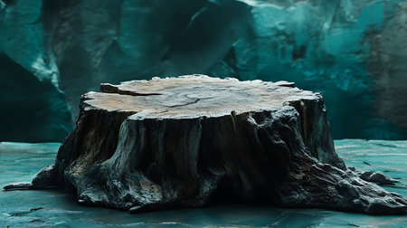 The image showcases a large petrified tree stump centered in a cave, featuring distinct age rings. The stump rests on a surreal, reflective blue liquid surface under soft lighting.の素材