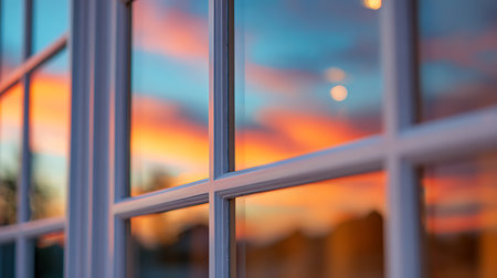 Captivating close-up of a window with white frames reflecting a vibrant sunset. The blend of orange, blue, and yellow hues creates a warm, dreamy atmosphere.の素材