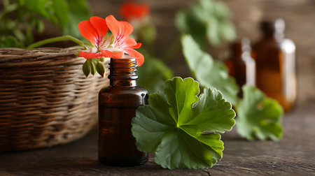 Amber bottle showcasing a vibrant red geranium blossom on a rustic wooden table. The scene also features a large green geranium leaf, and a woven basket in the background.の素材