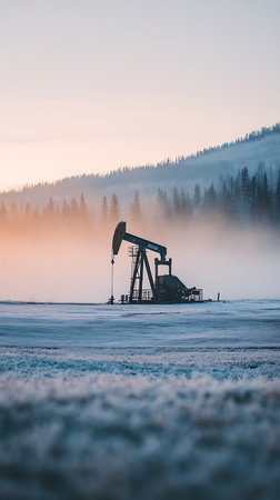 Oil pumpjack pictured against a foggy landscape with evergreen forest background. The ground is covered in snow with a hint of orange hue from the sunrise.の素材
