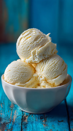 Creamy vanilla ice cream stacked in a white bowl on a weathered blue wooden surface. The frozen dessert has a rippled texture and a refreshing, light color.の素材