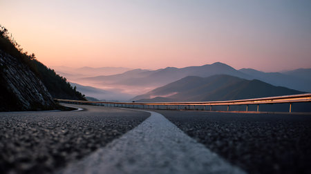 Curving mountain road leading towards foggy mountains at dawn. A white line markings divide the road, which has a metal guard rail. The sky is pale pink.の素材
