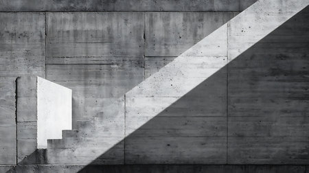 Captivating monochrome image showcases a textured concrete wall divided diagonally by stark sunlight, with minimalist concrete steps in the lower left, enhancing the architectural design.の素材