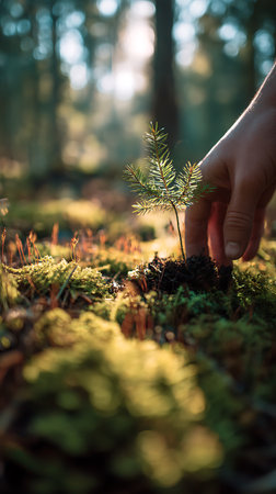 Human hand plants a small pine seedling in mossy forest ground during a sunny day. Forest bokeh and bright sun rays create blurred background.の素材