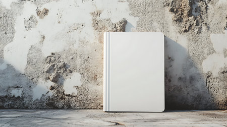 A blank white hardcover book stands upright on a gray concrete floor leaning against a heavily textured wall with peeling white paint and a naturally aged rustic appearance.の素材