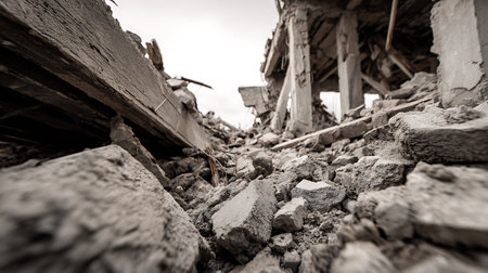 Low-angle perspective of a destroyed building, showing the rubble, concrete fragments and beams scattered widely. The scene conveys a sense of devastation and destruction.の素材
