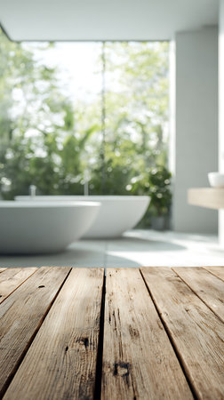 Eye-level perspective of light brown rustic wood table. Blurry bathroom showcases modern tubs and greenery beyond the windows. Perfect for a spa, relaxation, or interior design theme.の素材