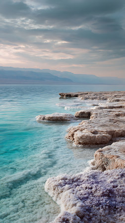 Captivating view of the Dead Sea's unique salt formations against the backdrop of turquoise water and a sky filled with textured clouds, serene desert mountains in distance.の素材