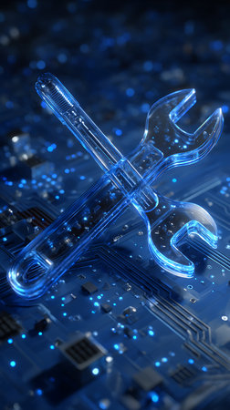 A close-up showcases two blue, glass-like wrenches crossed over a blue circuit board, suggesting computer or software maintenance and repair on the digital platform.の素材