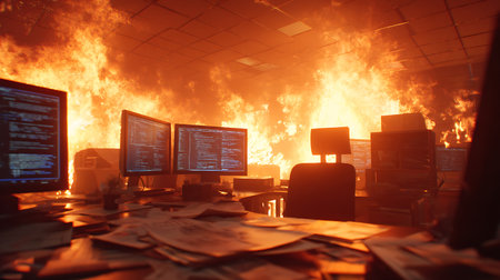 A surreal image depicting a seemingly normal office engulfed in flames. Computer screens display code amid the chaos, emphasizing the intensity and potential disaster.の素材