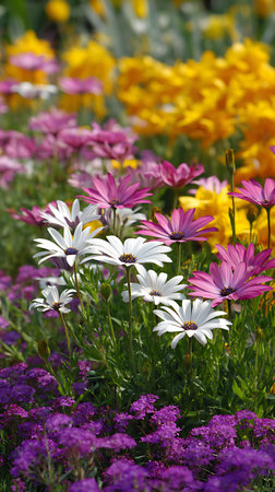A vibrant flowerbed showing a mix of purple, white, and yellow blooms. The diverse colors create a rich and visually appealing springtime display.の素材
