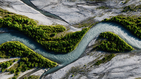 Breathtaking overhead view reveals a river meandering through a rugged, stony terrain, interspersed with vibrant green vegetation, creating a stunning natural contrast and texture.の素材