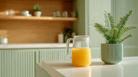 A ribbed glass pitcher filled with fresh orange juice sits beside a potted fern on a kitchen countertop. Soft light illuminates the minimalist, modern setting, with natural decor.の素材
