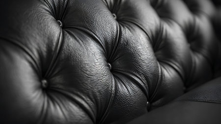 A luxurious, close-up shot of a tufted black leather surface. The rich texture and detailed stitching, accented by shiny buttons, showcase elegance and high-end craftsmanship.の素材