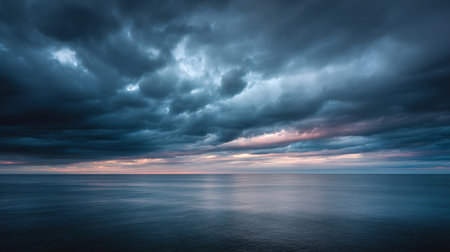 View of a serene, blue sea under a sky filled with thick, ominous, dark clouds. Light peeks through the clouds near the horizon, adding depth to the scene.の素材