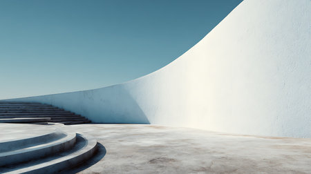 A captivating view of minimalist architecture featuring a stark white, curved wall, adjacent to weathered concrete stairs under a clear blue sky. The scene exudes modern simplicity.の素材