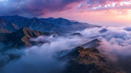 Expansive landscape photograph showcases majestic mountain ridges peeking through a sea of morning fog, bathed in the soft, ethereal light of the rising sun and colorful clouds.の素材