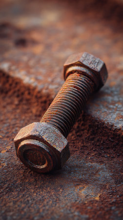 Detailed close-up capturing a heavily rusted bolt resting atop a corroded metal surface. The image highlights the textures of rust and age on both the bolt and the background.の素材