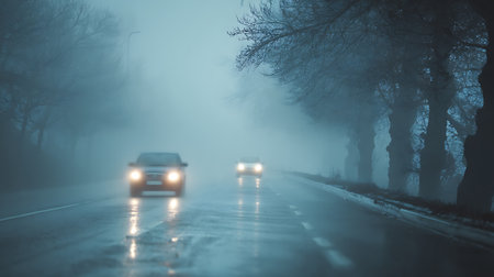 A wet road leads into heavy fog, where cars with illuminated headlights cut through the mist. Bare trees line the route, enhancing the eerie, atmospheric perspective.の素材