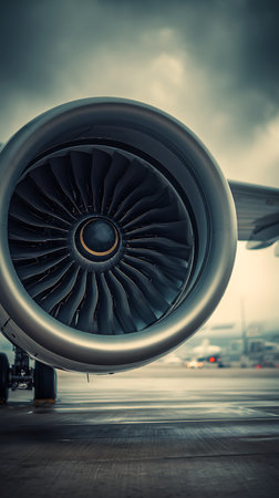 Striking close-up showcases a large jet engine on an airplane, parked on a wet runway at an airport, with soft focus background details of infrastructure.の素材