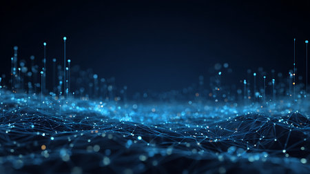 Abstract blue network visualization featuring glowing nodes, lines, and points interconnected across a dark surface. Digital landscape illustration for technology and data concepts.の素材