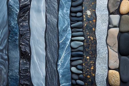 A high-angle, close-up shot displays a variety of stone textures, including marble, pebbles, granite, and light-colored rocks, arranged vertically on a dark background surface.の素材