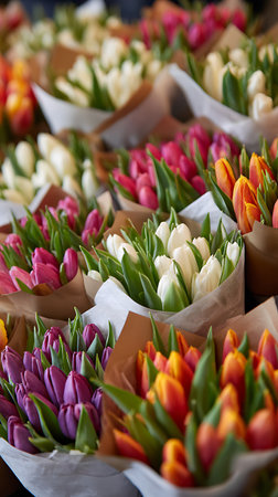Close-up showcasing multiple tulip bouquets in white, pink, purple, orange, and red, wrapped in white and brown paper. A fresh, vibrant floral arrangement perfect for spring.の素材
