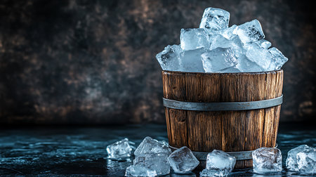 A rustic wooden bucket, banded in metal, brimming with glistening ice cubes is featured on a reflective, dark textured surface, creating a cool and inviting visual.の素材