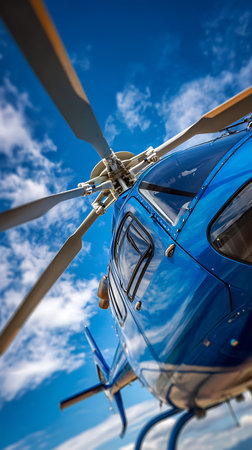 Detailed low-angle shot of a glossy blue helicopter, emphasizing the rotor blades against a bright blue sky with puffy white clouds reflecting on its surface.の素材