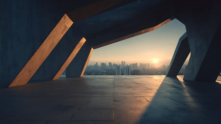 Geometric concrete beams frame a city skyline at sunset. Flat stone foreground with a golden glow, and the sun rising beyond distant city buildings. Unique architectural perspective.の素材