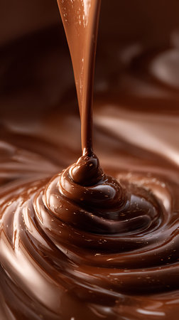 Glossy, flowing milk chocolate is seen here pouring and swirling in this mouthwatering still life image. The shiny chocolate creates mesmerizing textures and an inviting indulgence.の素材