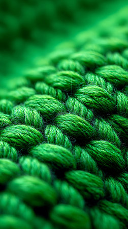Detailed, close-up shot displaying the intricate texture of knitted fabric, highlighting a vibrant green color. The woven pattern emphasizes the material's softness and craftsmanship.の素材