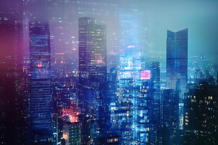 Ethereal twilight envelops a cityscape with numerous luminous skyscrapers, creating a futuristic, dreamy atmosphere. The skyline merges cool tones with radiant light from many windows, evoking a sense of urban mystique.の素材