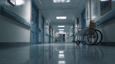 A long hospital hallway stretches into the distance, doors lining the walls. A wheelchair sits prominently in the foreground, its chrome reflecting the lights above.の素材