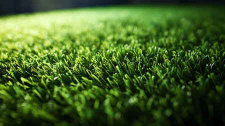 Detailed shot showcasing the texture and color of synthetic turf. The artificial grass appears lush and well-maintained, highlighting a clean and appealing outdoor surface.の素材