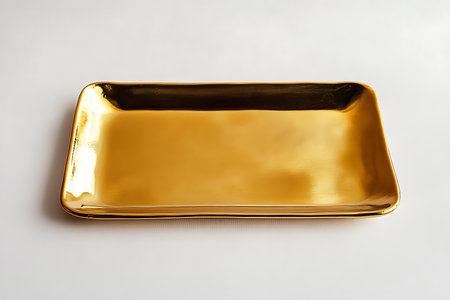 Depicting a modern gold-colored, rectangular tray atop a stark white background. The tray reflects the ambient light, highlighting the glossy finish. An image of simplistic sophistication.の素材