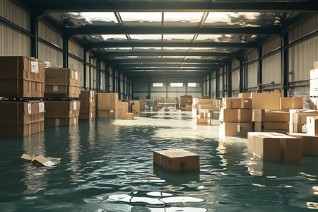 In an industrial warehouse, floodwater has inundated the interior, causing stacked cardboard boxes to become submerged. A bright skylight illuminates the scene creating a reflective surface on the water.の素材