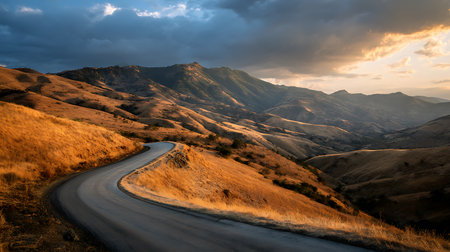 Asphalt road curves dramatically through rolling hills under a sky filled with both ominous storm clouds and the warm glow of the setting sun. Golden light reflects off the dry grasses.の素材