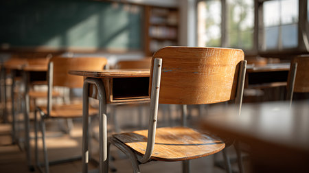 Focus on an empty classroom featuring rows of vintage wooden student desks with visible wear and tear. Sunlight streams into the room, highlighting the desks' textures.の素材