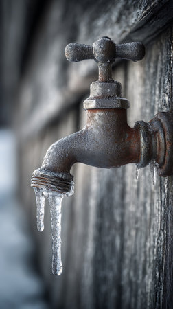 Rusty, outdoor faucet attached to weathered wooden wall. The faucet is covered in frost, and icicles are hanging from the spigot indicating freezing temperatures.の素材