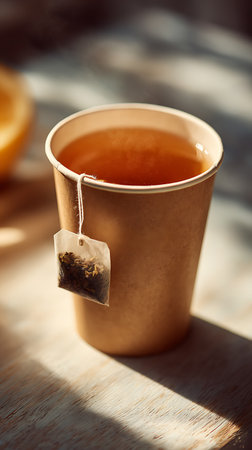 Cup of amber-colored herbal tea is captured. A tea bag dangles outside a paper cup. Sunlight casts a sharp shadow on the wooden tabletop, creating a sense of warmth.の素材