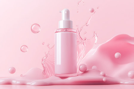 A sleek, light pink dispenser-style bottle with white accents appears amidst dynamic water splashes and floating pink spheres on a soft, matching monochromatic background.の素材