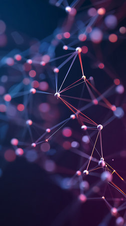 Abstract network representation featuring connected spheres and lines, with a background of soft focus light points, rendered in tones of deep blue, purple and pink.の素材