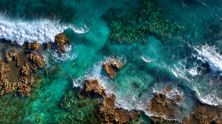 An aerial perspective showcases powerful waves impacting a jagged, rocky coastline. The crystal-clear turquoise water reveals intricate details of the ocean floor near the shore.の素材