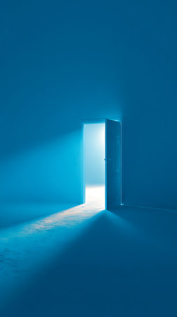 Bright light streams through an open white door in an all-blue room. The light illuminates the floor and creates a dramatic contrast with the blue walls.の素材