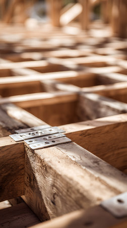 Close-up captures a network of wooden joists, showcasing their natural grain and color, firmly joined by metal plates with visible holes, forming a robust framework.の素材